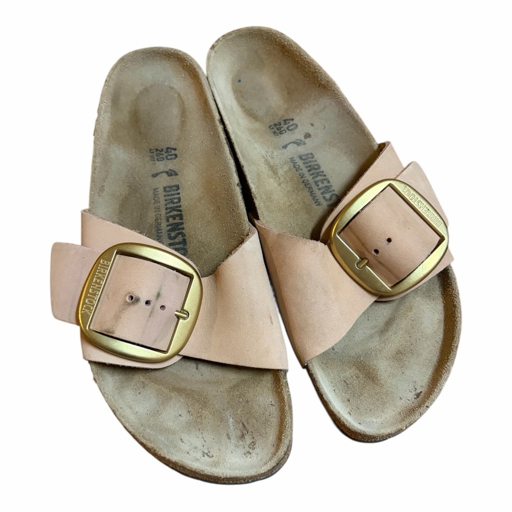 Birkenstock Single Strap Slide Sandals in Natural Tan with Gold Buckles